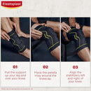Elastoplast knee support being worn and demonstrated on a person's leg with step-by-step instructions.
