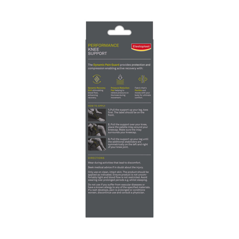 Package of Performance Knee Support with text and images on a white background