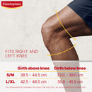 Elastoplast knee measurement chart with a person's leg and text indicating size options.