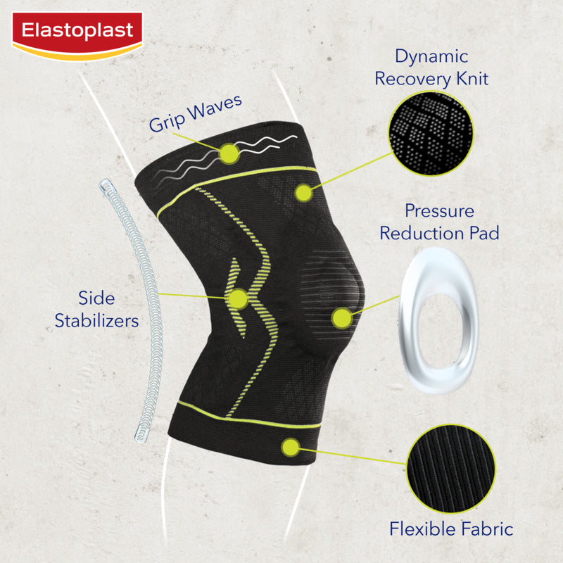 Elastoplast knee support with labeled features on a textured background