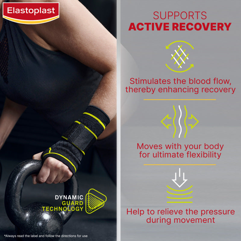 Person lifting a kettlebell with Elastoplast wrist support, featuring product benefits on the right.