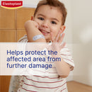 Child with a bandage on their arm, Elastoplast brand visible, text about product benefits.