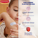 Child with a bandage on their arm and Elastoplast branding, featuring product features like water-resistance and bacteria blocking.