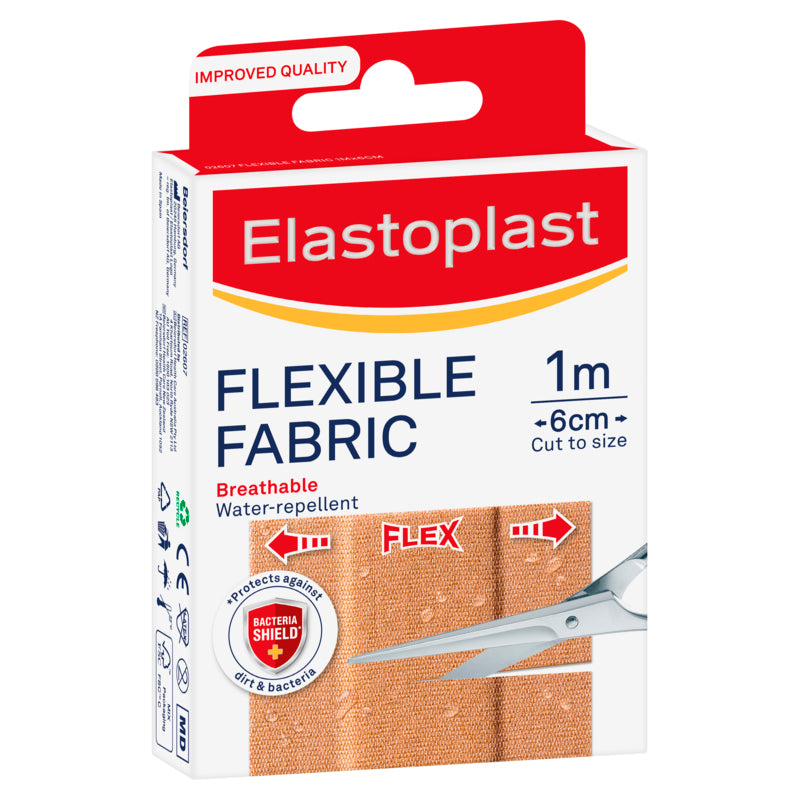 Elastoplast flexible fabric bandage packaging on a white background