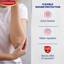 Elastoplast bandage on a person's arm with product features highlighted