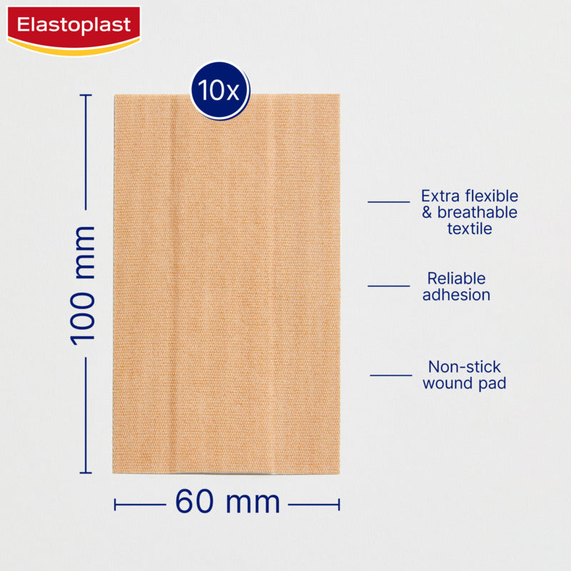 Elastoplast bandage with dimensions and features on a white background