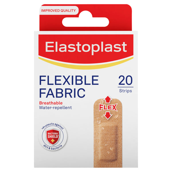 Elastoplast flexible fabric bandage packaging on a white background