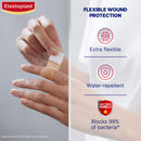 Elastoplast bandage being applied to a finger with product features highlighted.