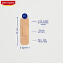Elastoplast bandage with dimensions and features on a white background