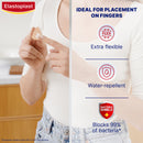 Elastoplast bandage packaging with text highlighting features like flexibility, water repellency, and bacteria blocking on a white background.