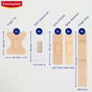 Elastoplast bandage packaging with various bandage sizes and features on a white background.