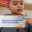 Child applying Elastoplast bandage to finger with text 'Helping kids quickly forget small cuts and grazes'.
