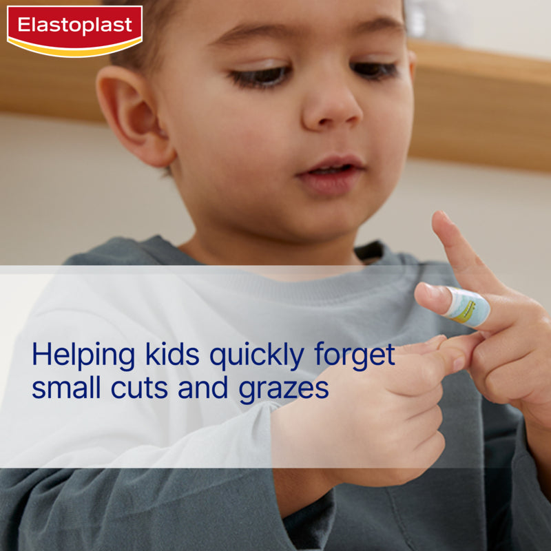 Child applying Elastoplast bandage to finger with text 'Helping kids quickly forget small cuts and grazes'.