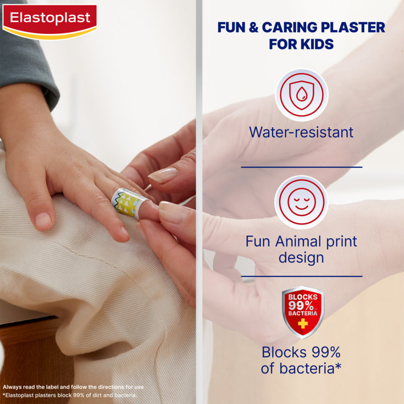 Elastoplast plaster being applied to a child's hand with product features highlighted.