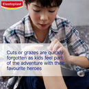 Child applying Elastoplast bandage with text about bandages being a part of adventures with favorite heroes.