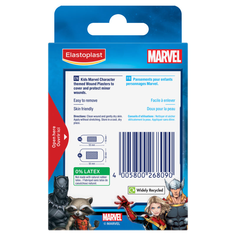 Marvel Elastoplast packaging with superhero characters on a white background