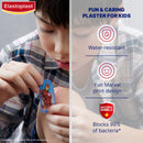 Child applying an Elastoplast plaster with product features highlighted on the right.