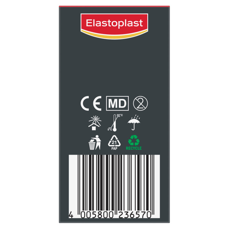 Elastoplast packaging with branding, symbols, and barcode on a white background