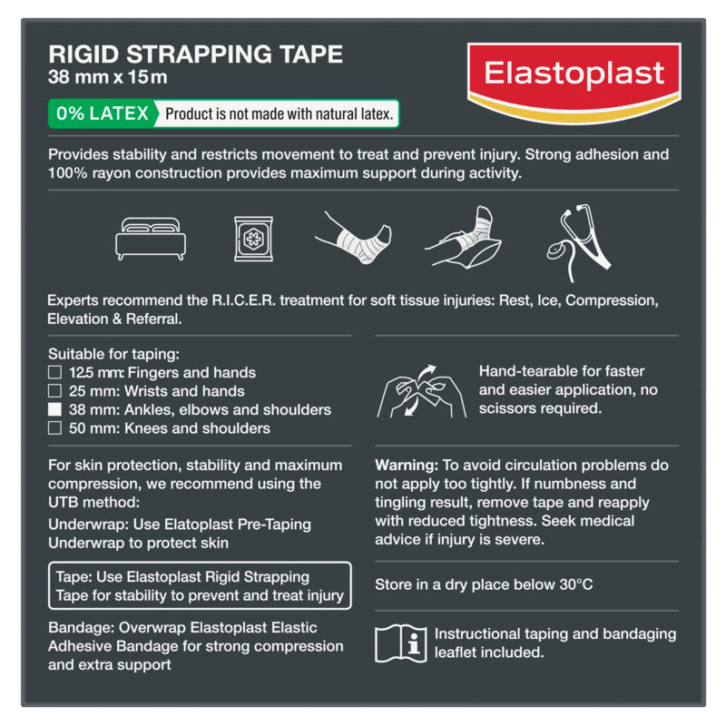 Elastoplast rigid strapping tape packaging with product details and usage instructions.