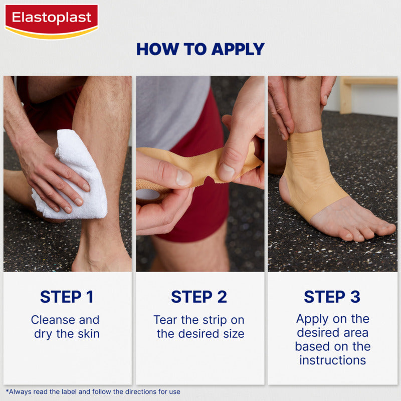 Elastoplast instructions on how to apply bandage, with steps shown and Elastoplast logo.