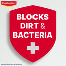Red shield with 'Blocks Dirt & Bacteria' text and Elastoplast logo on a light gray background