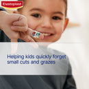 Child with a bandage on their finger, promoting Elastoplast brand.