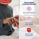 Elastoplast plaster for kids being applied to a child's hand with product features highlighted.