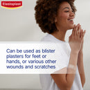 Woman with a bandage on her arm, Elastoplast branding visible, text about product use.