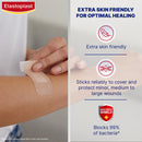 Elastoplast bandage being applied to a wrist with product features highlighted on the right.