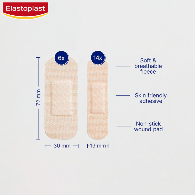 Elastoplast bandage with dimensions and features on a light gray background