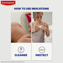 Elastoplast product usage guide with images of cleaning and applying a bandage.