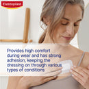 Woman applying an Elastoplast bandage with text about product features.