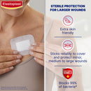 Elastoplast bandage being applied to a person's arm with product features highlighted on the right.