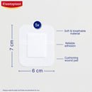 Elastoplast wound pad with dimensions and features on a white background