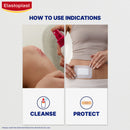 Elastoplast advertisement showing how to use indications with images of cleaning and protecting a wound.