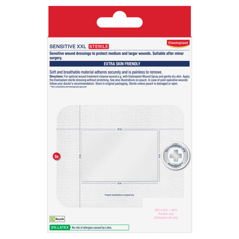 Elastoplast sensitive XXL sterile wound dressing packaging on a white background