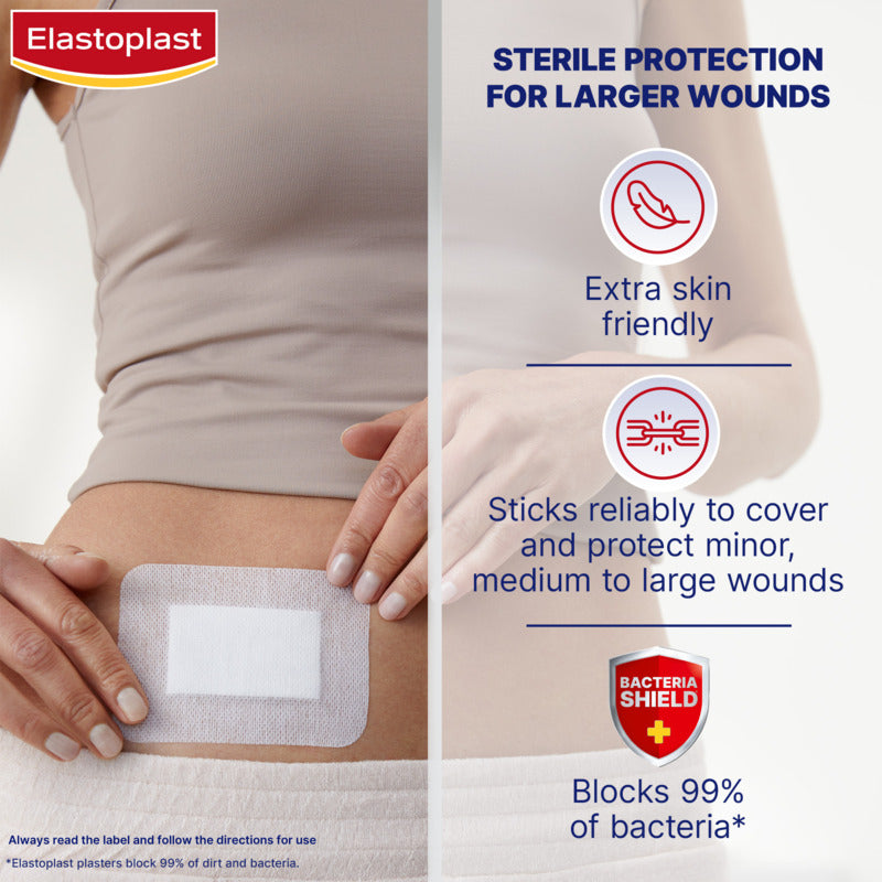 Elastoplast bandage being applied to a person's arm with product features highlighted.
