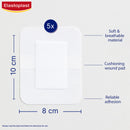 Elastoplast wound pad with dimensions and features on a white background
