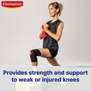 Woman exercising with a knee brace and dumbbell, Elastoplast brand visible