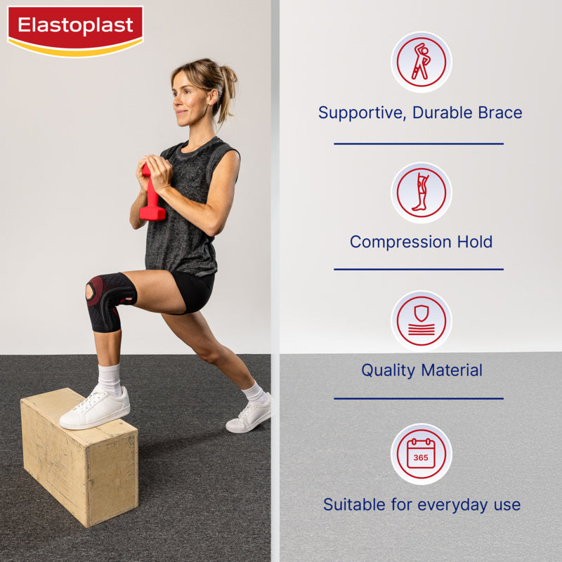 Woman exercising with a knee brace, Elastoplast branding visible