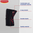 Black knee pad with Elastoplast branding and feature text on a gray background