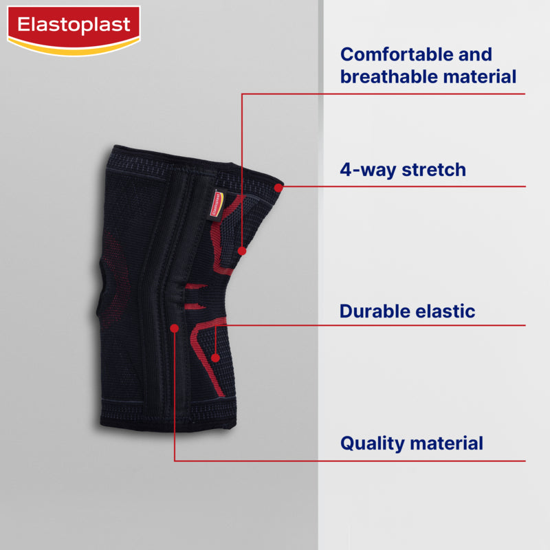 Black knee pad with Elastoplast branding and feature text on a gray background