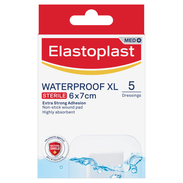 Elastoplast waterproof XL dressing package on a white background