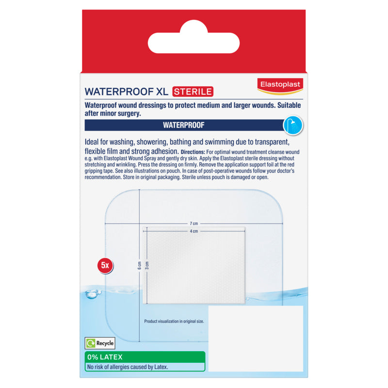 Packaging of waterproof XL sterile wound dressings with Elastoplast branding.