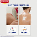 Elastoplast advertisement showing how to use indications with images of cleaning and protecting a wound.