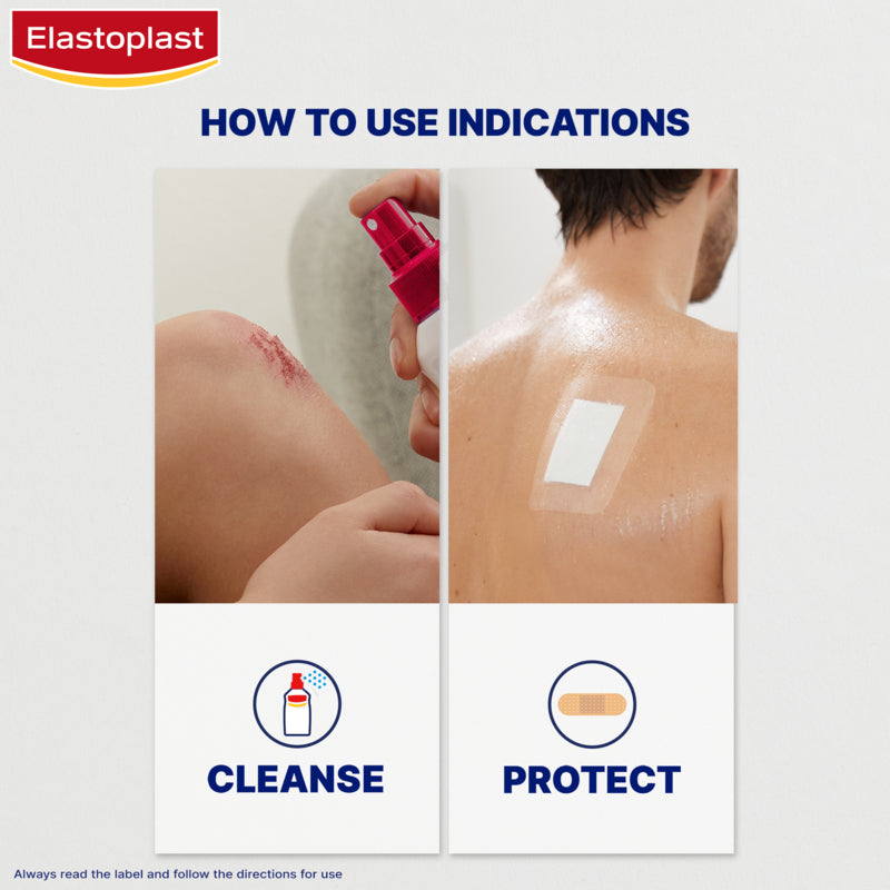 Elastoplast advertisement showing how to use indications with images of cleaning and protecting a wound.