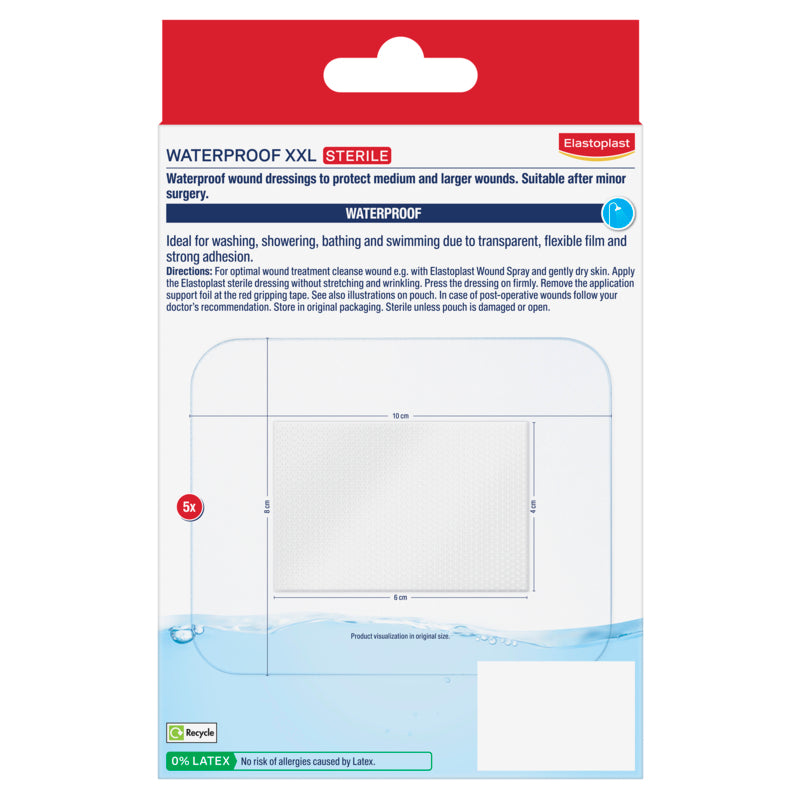 Packaging of waterproof sterilized wound dressings with a red and white label.
