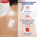Elastoplast bandage on skin with product features highlighted