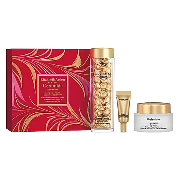 Elizabeth Arden Ceramide Advanced set with red box, gold container, white jar, and gold tube on a white background