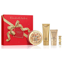 Elizabeth Arden skincare set with red box, gold bottles, and a small bottle on a white background